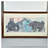 Bear Family Artwork | Framed print of bears in nature after a woodcut or other mixed media artwork, 
