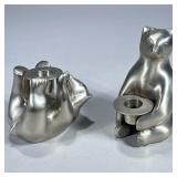 (2pc) PAIR BEAR CANDLE HOLDERS | Restoration Hardware bear candle holders, one sitting on laying dow