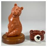 (2pc) Signed Bear Statues | Including a Taffy Dahl signed bear head candlestick holder and a bear st