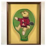 NEEDLEPOINT TENNIS RACQUET COVER | Needlepoint tennis racquet cover depicting bear with racquet moun