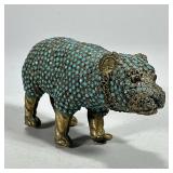 Turquoise & Brass Bear | East Asian style brass bear studded with turquoise. - l. 6.25 x h. 3 in