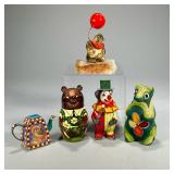 (5pc) Fun Bear Decor | Including a clown bear, a set of nesting dolls, a miniature enameled teapot, 