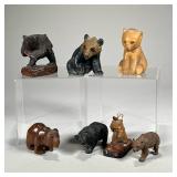 (7pc) Carved Wood Bears | Carved bear figures in dark woods and other materials (a black bear and br