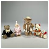 (5pc) Misc. Decorative Bears | Including two knit bears, a small bear in a pink clown costume on sta