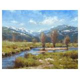 Signed Oil Landscape | Morain Meadow, snowy mountainous landscape, signed lower right, in a gilt fra