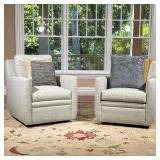 (2pc) Pair Jessica Charles Armchairs | Swiveling deep seat lounge chairs in textured beige upholster