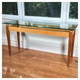 [SIGNED] TIGER MAPLE SPECIMEN WOOD & GLASS CONSOLE TABLE | Clear Lake Furniture, Ludlow VT; Signed F