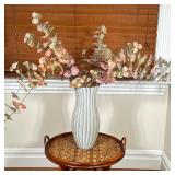 Vietri Art Glass Vase | Beige and white, label on bottom, with faux leafy plant. - h. 15.25 x dia. 6