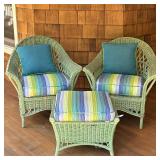 (3pc) Maine Cottage Wicker Armchairs | Green-painted outdoor furniture set including a pair of armch