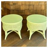 (2pc) Wicker Outdoor Side Tables | Maine Cottage light yellow painted round wicker side tables with 