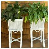(2pc) Pair Wicker Plant Stands | Two white-painted wicker outdoor plant holders with x-form stretche