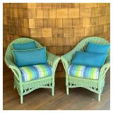 (2pc) Pair Wicker Outdoor Lounge Chairs | Maine Cottage green-painted wicker armchairs with matching