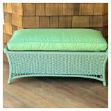 Maine Cottage Wicker Bench | Green-painted wicker outdoor bench with scrolled sides, with a green pa