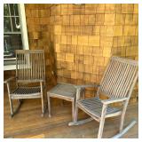 (3pc) TEAK WOOD OUTDOOR ROCKING CHAIR SET | Comprising two wood rocking chairs with slatted seats an