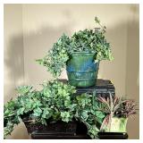 (3pc) Potted Faux Plants | Of nice quality, including a rectangular metal planter with fleur de lis 