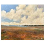 James L. Grabowski (b. 1944) | Landscape harbor scene painting in a mottled metal frame, signed lowe