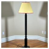 Turned Wood Floor Lamp | Dark brown painted wood barley twist floor lamp on a square base, with a Da