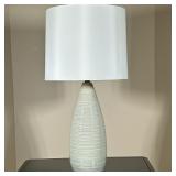 Blue Celadon Table Lamp | Turned ceramic table lamp with blue cracked ice glaze, with a white cylind