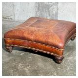 Leather Ottoman | Brown leather footrest/bench with brass tacks. - l. 36 x w. 36 x h. 15 in