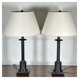 (2pc) Pair Metal Table Lamps | Heavy grey metal with bronzed accents. - h. 25 x dia. 15 in (with sha