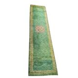 GEOMETRIC GREEN RUNNER | Gabbeh carpet: green wool runner rug with geometric pattern in center & bor