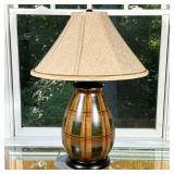 Patterned Table Lamp | Having a tartan patterned body and a Sedgefield by Adams linen shade. - h. 30