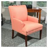 Upholstered Armchair | Light red patterned fabric, on dark wood legs. - l. 30 x w. 27 x h. 38 in