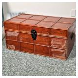 Wooden Storage Trunk | Wood-banded trunk with dark metal hardware. - l. 35.25 x w. 20 x h. 16.5 in