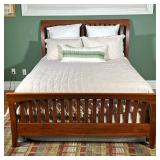 Ethan Allen Queen Bedframe | Wooden bedframe with curved slatted headboard and footboard. - l. 88 x 