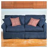 Crate & Barrel Blue Sofa | Dark blue textured chenille sofa with two cushions. - l. 74 x w. 35 x h. 