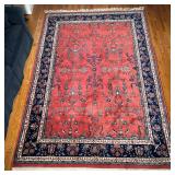 Burgundy & Blue Sarouk Rug | Floral medallion pattern within concentric borders, with fringe at the 