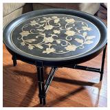 Round Black Lacquered Coffee Table | Metal top With bamboo style legs and support stretcher. - h. 19