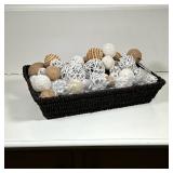 Decorative Basket | A dark wicker basket with woven decorative balls. - l. 16.25 in (basket)