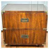 Campaign Style Side Table | Bedside table or nightstand with glossy wood veneer having two drawers w