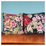 (2pc) Neeepoint Cushions | Floral needlepoint throw pillows with velvet backs. - l. 16 x w. 16 in