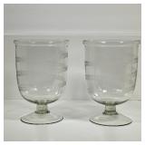 (2pc) Pair Etched Glass Hurricane Shades | With etched laurel pattern. - h. 10.25 x dia. 7 in