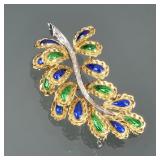 LOUIS J. MEYER ENAMELED DIAMOND & 18K GOLD BROOCH | Designed as 18k yellow gold teardrop-form leaves