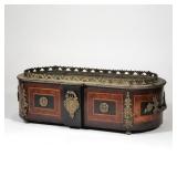 FRENCH INLAID JARDINIERE | Inlaid in contrasting woods, with lead liner and applied handles and moun