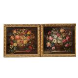 (2pc) PAIR CONTINENTAL SCHOOL STILL LIFE PAINTINGS | Showing flowering bouquets in vases, 15.25 x 17