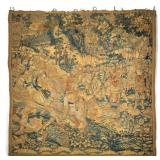 17TH CENTURY FLEMISH VERDURE TAPESTRY | Depicting a battle scene with figures on horseback, and an a