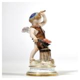 MEISSEN CUPID WITH ANVIL | Porcelain figure of Cupid "forging a heart", with underglaze blue crossed