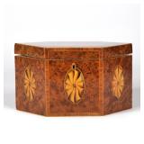 REGENCY MARQUETRY HEXAGONAL ENGLISH TEA CADDY | 19th century, burlwood with contrasting borders, hav