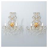 PAIR CUT CRYSTAL & BRONZE SCONCES | Antique two-lite electrified sconces decorated with glass beads,