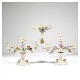 (3pc) DRESDEN PORCELAIN GARNITURE | Comprising a pair of three light candelabra, with blue underglaz