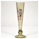 BOHEMIAN MOSER GLASS PILSNER VASE | Blown green glass enamel painted with a figure of a man holding 