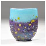 ROBERT HELD (B. 1943) PINCHED ART GLASS VASE | Blue with yellow flowers - l. 8 x w. 4 x h. 9 in.