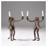 (2pc) BILL HEUBBE MONKEY FORM CANDELABRA | Two arm candelabra - l. 12.75 x w. 12 x h. 17 in.