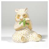 HEREND PORCELAIN PANDA BEAR | Panda bear in yellow fishnet with gilt highlights, marked and numbered