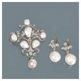 (3pc) ANTIQUE NATURAL PEARL & DIAMOND DEMI PARURE | Comprising a shield-form brooch with open scroll
