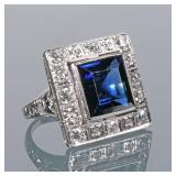 ANTIQUE SAPPHIRE & DIAMOND RING | Designed as a synthetic blue sapphire bezel mounted in a border of
